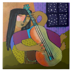 Mädchen mit Gitarre Ceram Tile/Trivet (1,5 cm²) Fliese