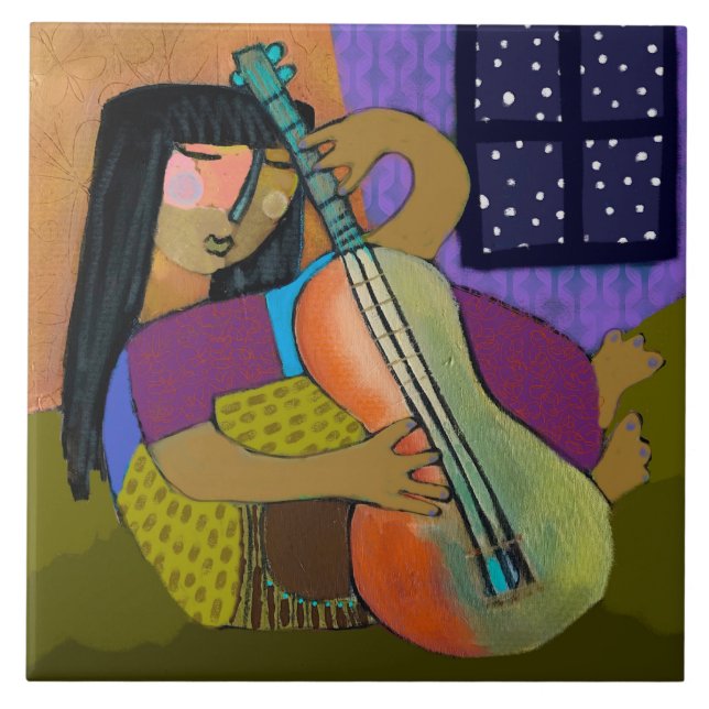 Mädchen mit Gitarre Ceram Tile/Trivet (1,5 cm²) Fliese (Vorderseite)