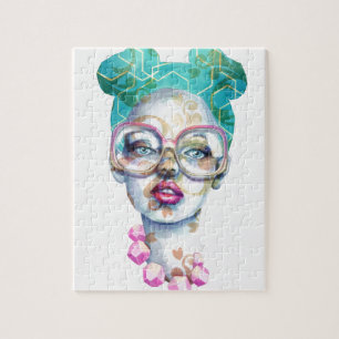 Mädchen mit Glas-Funky Wasserfarbe-Kunst Puzzle