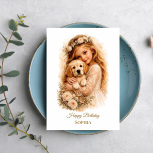 Mädchen mit Golden Retriever Welpe Karte