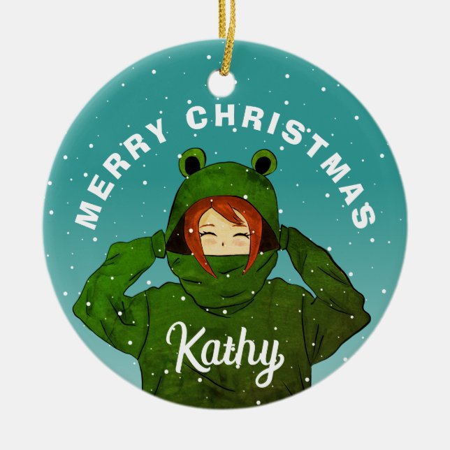 Mädchen mit Green Frog Hoodie Zeichnend Weihnachte Keramik Ornament (Vorne)