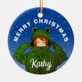 Mädchen mit Green Frog Hoodie Zeichnend Weihnachte Keramik Ornament