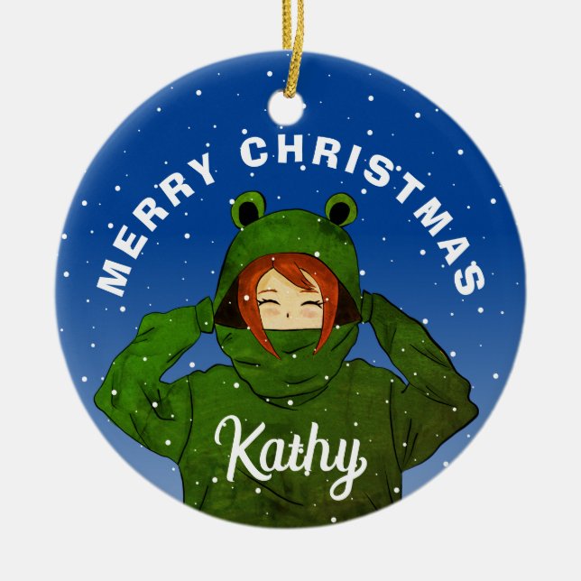 Mädchen mit Green Frog Hoodie Zeichnend Weihnachte Keramik Ornament (Vorne)