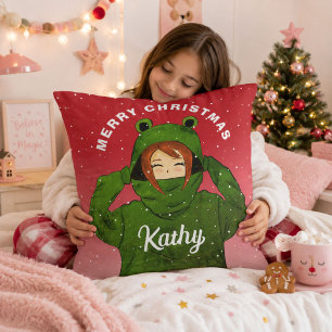 Mädchen mit Green Frog Hoodie Zeichnend Weihnachte Kissen