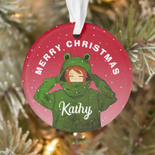 Mädchen mit Green Frog Hoodie Zeichnend Weihnachte Ornament