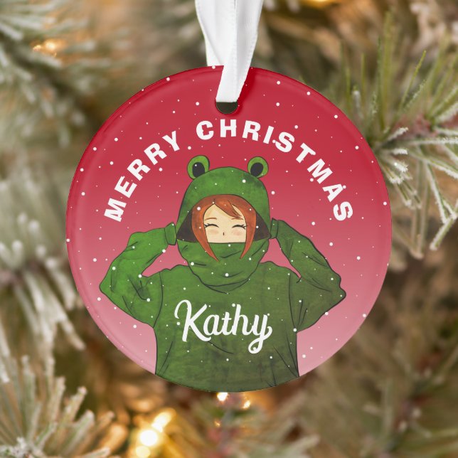 Mädchen mit Green Frog Hoodie Zeichnend Weihnachte Ornament (Baum)