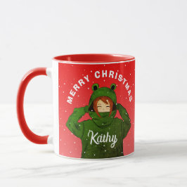 Mädchen mit Green Frog Hoodie Zeichnend Weihnachte Tasse