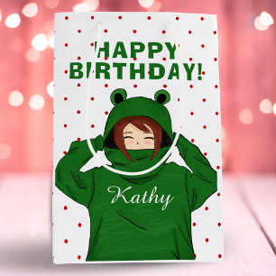 Mädchen mit Green Frog Hoody Zeichnend Geburtstag Mittlere Geschenktüte