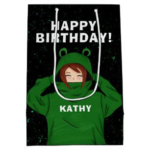 Mädchen mit Green Frog Hoody Zeichnend Geburtstag Mittlere Geschenktüte