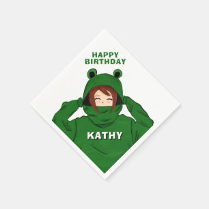Mädchen mit Green Frog Hoody Zeichnend Geburtstag Serviette