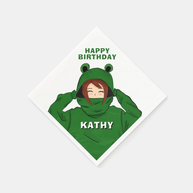 Mädchen mit Green Frog Hoody Zeichnend Geburtstag Serviette (Ecke)