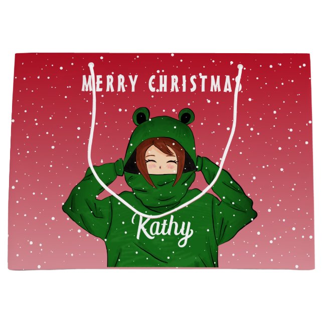 Mädchen mit Green Frog Hoody Zeichnend Weihnachten Große Geschenktüte (Vorderseite)