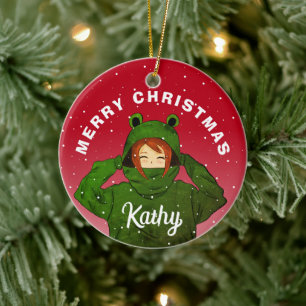 Mädchen mit Green Frog Hoody Zeichnend Weihnachten Keramik Ornament