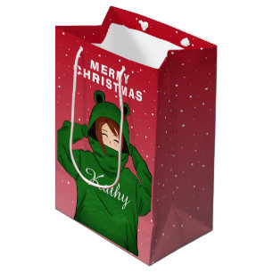 Mädchen mit Green Frog Hoody Zeichnend Weihnachten Mittlere Geschenktüte