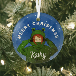 Mädchen mit Green Frog Hoody Zeichnend Weihnachten Ornament Aus Glas