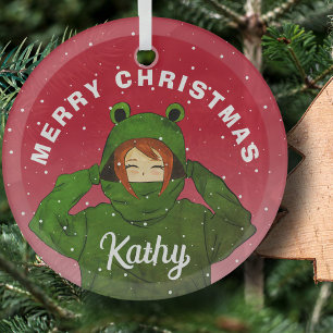 Mädchen mit Green Frog Hoody Zeichnend Weihnachten Ornament Aus Glas