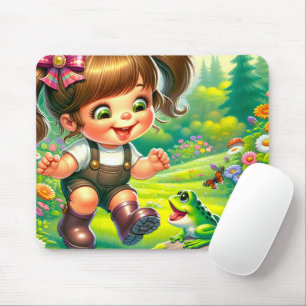 Mädchen mit großen Augen und grünem Frosch Mousepad