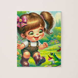 Mädchen mit großen Augen und grünem Frosch Puzzle