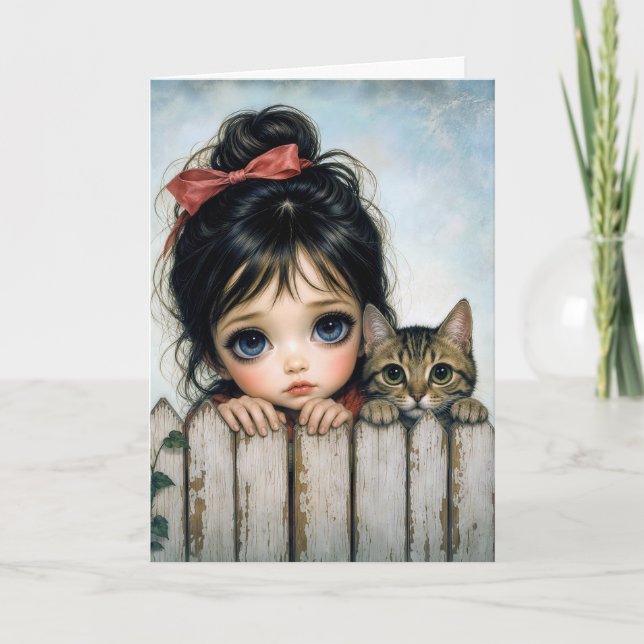 Mädchen mit großen Augen und Hauskatze Karte (Vorderseite)