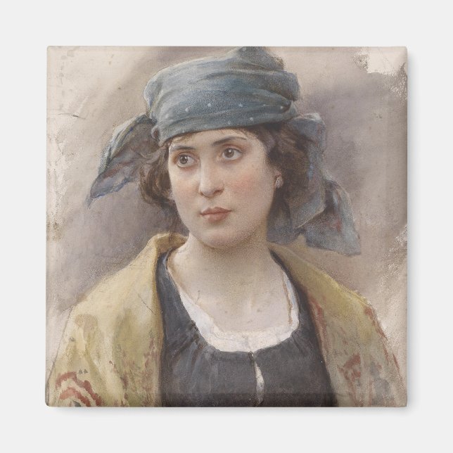 Mädchen mit grünem Kopftuch (von Ludwig Passini) Magnet (Vorne)