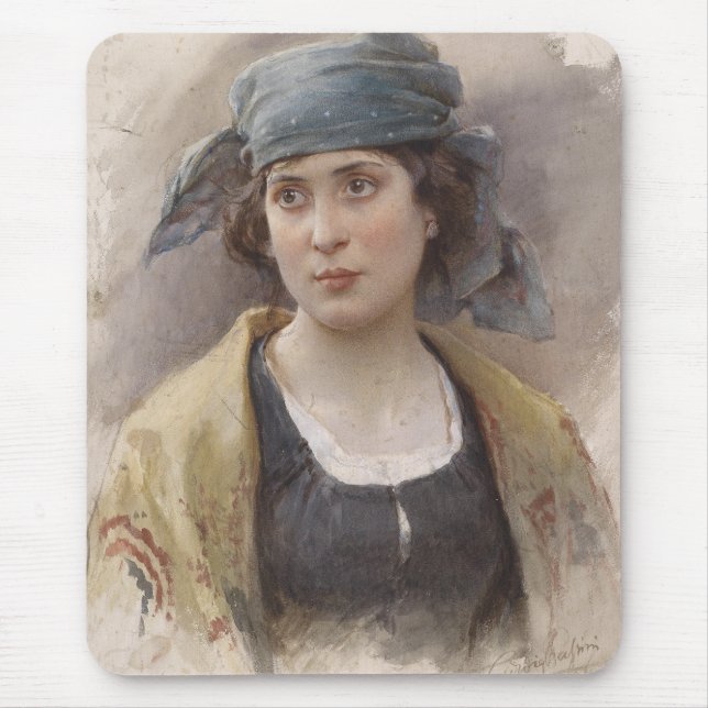 Mädchen mit grünem Kopftuch (von Ludwig Passini) Mousepad (Vorne)