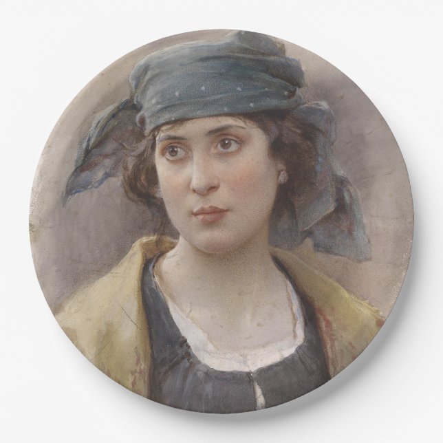 Mädchen mit grünem Kopftuch (von Ludwig Passini) Pappteller (Vorderseite)