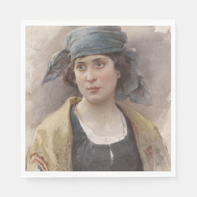 Mädchen mit grünem Kopftuch (von Ludwig Passini) Serviette (Vorderseite)