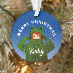 Mädchen mit grüner Frosch-Hoodie-Weihnachtszeichnu Ornament