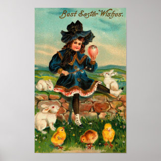 Mädchen mit Hähnchen & Kaninchen Vintag Ostern Poster