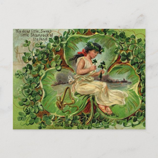 Mädchen mit Harfe und Shamrocks Postkarte (Vorderseite)