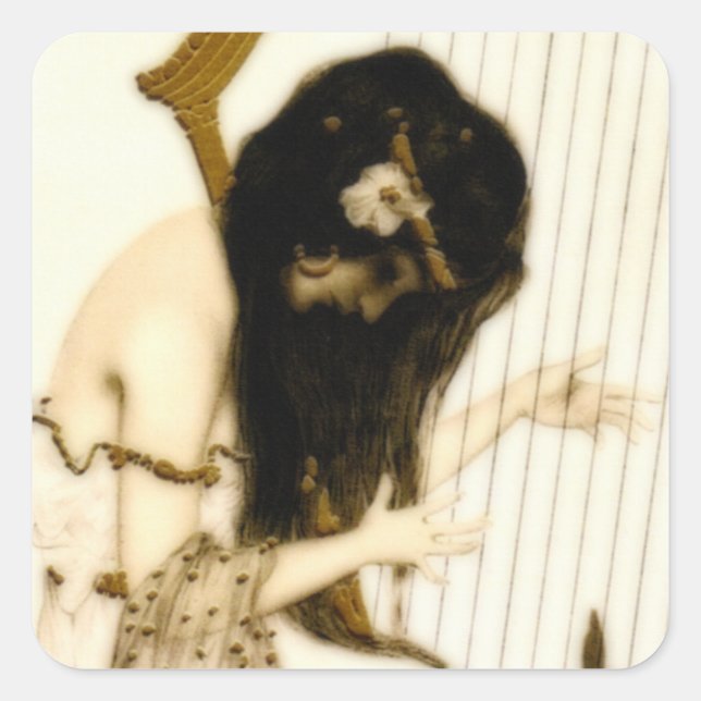Mädchen mit Harp Quadratischer Aufkleber (Vorderseite)