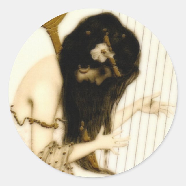 Mädchen mit Harp Runder Aufkleber (Vorderseite)