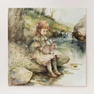 Mädchen mit Hasen Wasserfarbenmalerei Puzzle