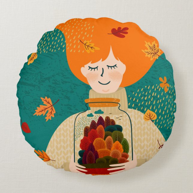 Mädchen mit Herbstbaum im Jar Rundes Kissen (Vorderseite)