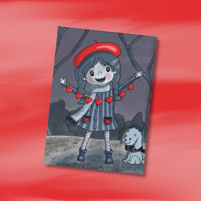 Mädchen mit Herz-Girlande Valentinstag-Button Button (Cute girl with red heart garland Valentine's Day button . )