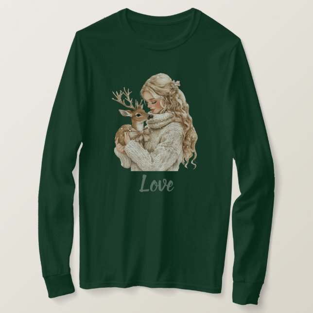 Mädchen mit Hirsch Weihnachten T-Shirt (Design vorne)