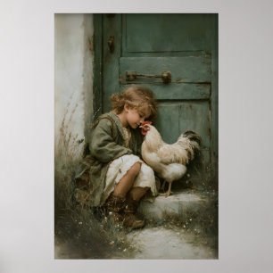 Mädchen mit Huhn zum Ausdrucken, Hahn Rustikal Poster