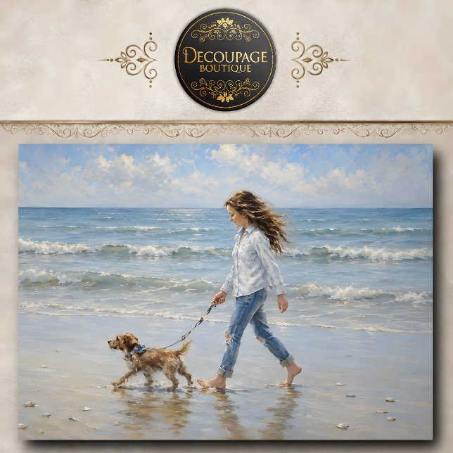 Mädchen mit Hund am Strand Decoupage Seidenpapier (Girl Walking Dog Beach Decoupage Tissue Paper)