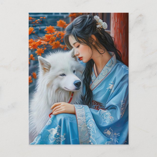 Mädchen mit Hund Chinesisch Zodiac Art Postkarte (Vorderseite)