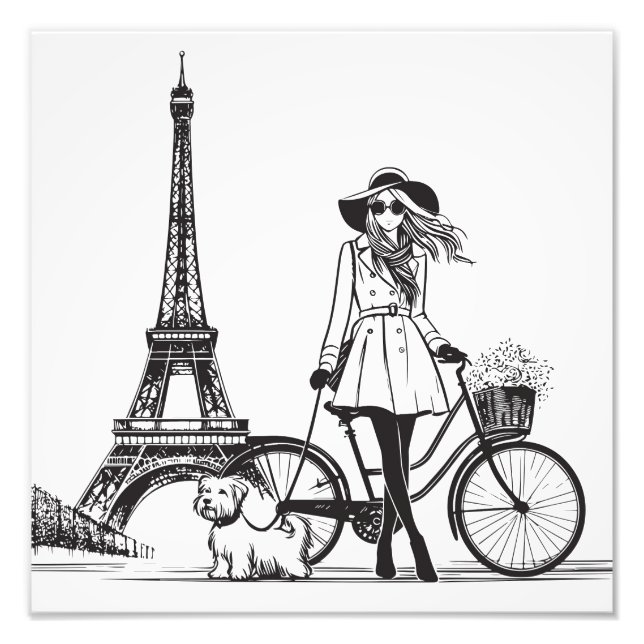 Mädchen mit Hund in Paris in der Nähe des Eiffeltu Fotodruck (Vorne)