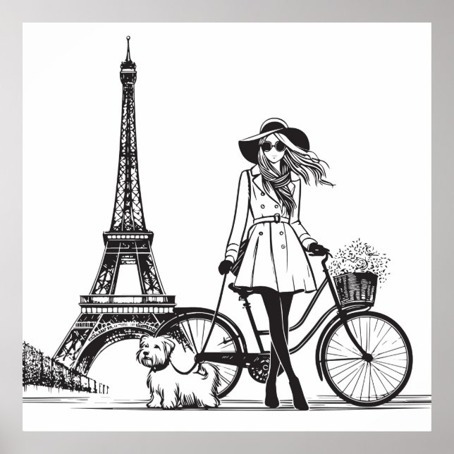 Mädchen mit Hund in Paris in der Nähe des Eiffeltu Poster (Vorne)