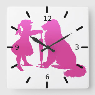 Mädchen-mit-Hund-Nursery-Silhouette-Verlauf-Rosa-K Quadratische Wanduhr