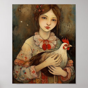 Mädchen mit ihrem Hähnchen Hühnchen Kunst Poster