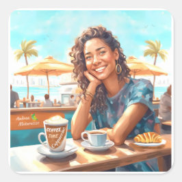Mädchen mit Kaffeepause Quadratischer Aufkleber