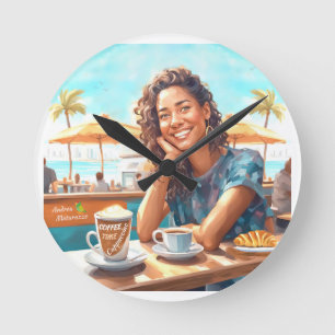 Mädchen mit Kaffeepause Runde Wanduhr