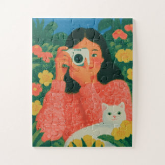 Mädchen mit Kamera und Katze im Garten Puzzle