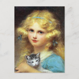 Mädchen mit Kätzchen: Vintage-Gemälde von E. Caban Postkarte