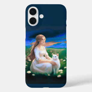 Mädchen mit Katze auf einer Wiese bei Twilight iPhone 16 Plus Hülle