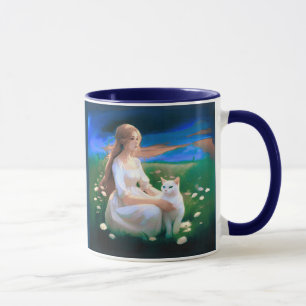 Mädchen mit Katze auf einer Wiese bei Twilight Tasse