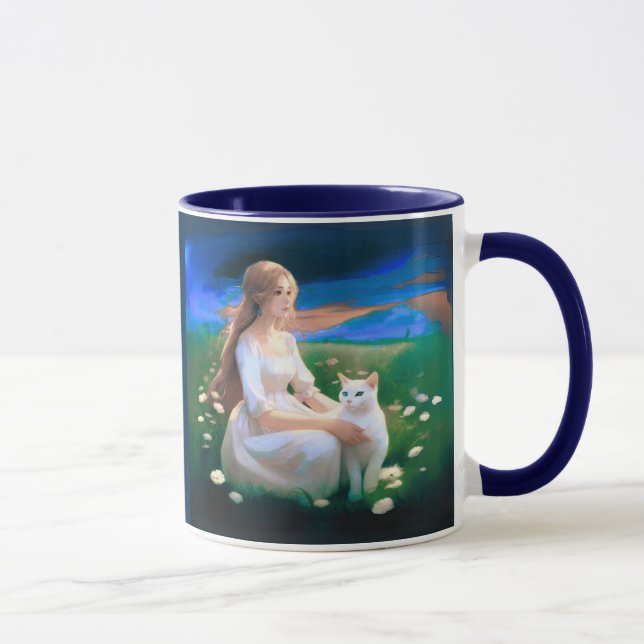 Mädchen mit Katze auf einer Wiese bei Twilight Tasse (Rechts)